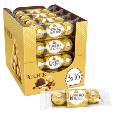 Ferrero Rocher Milk Chocolate Hazelnut Pralines Treat Pack 3 Pieces  - 16 x 37.5g Packs