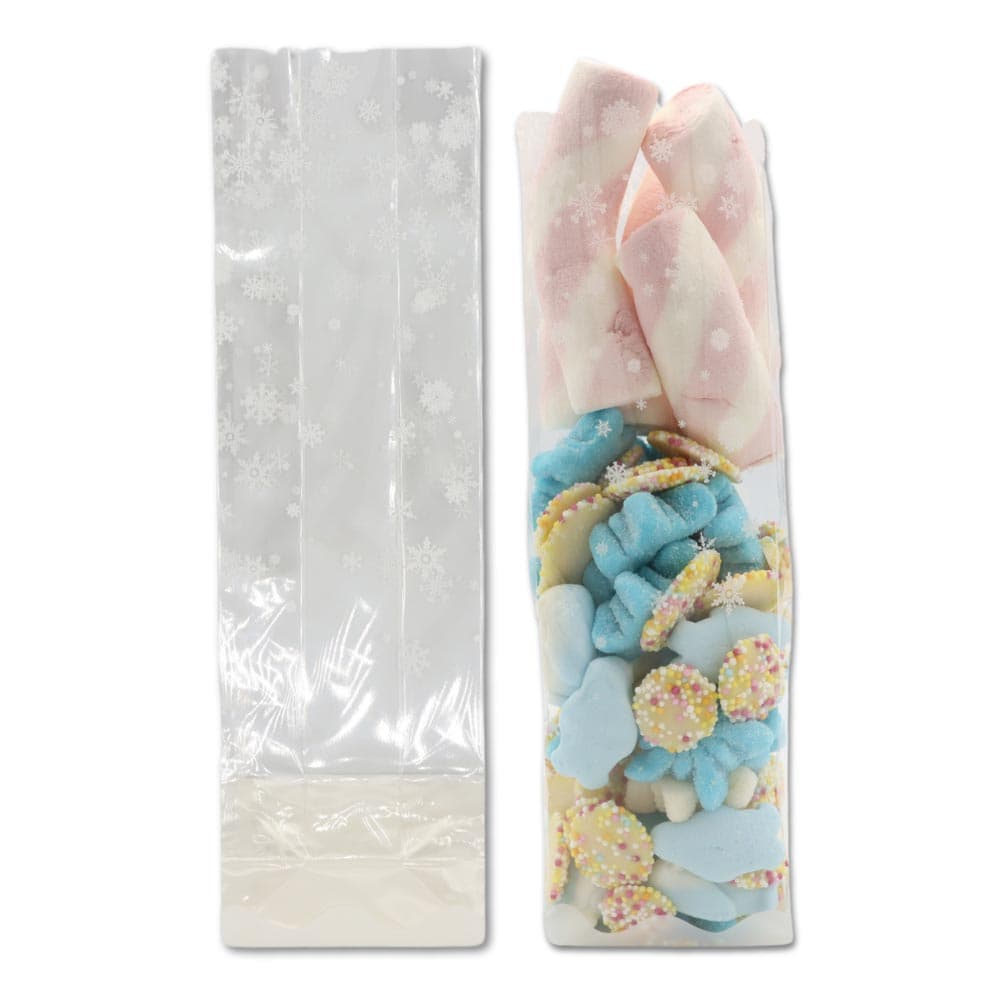 Clear Snowflake Printed Blockbottomed Bags 100 Pack (Empty)