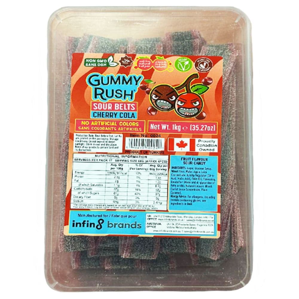 Gummy Rush Cherry Cola Sour Belts Tub 1kg