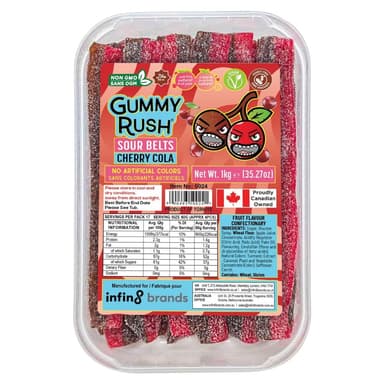 Gummy Rush Cherry Cola Sour Belts - 1 x 1kg Tub