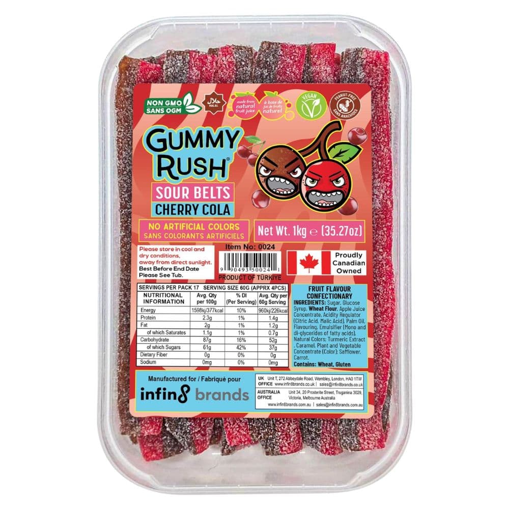 Gummy Rush Cherry Cola Sour Belts Tub 1kg