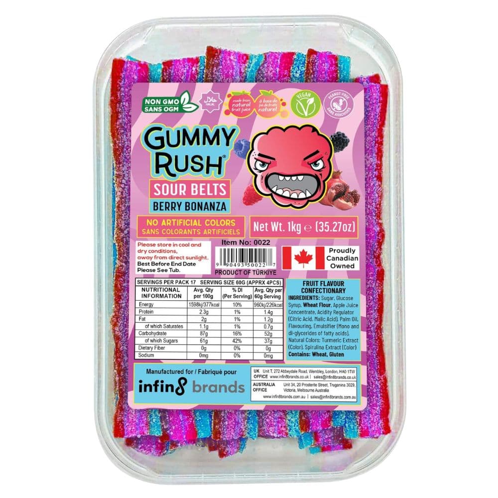Gummy Rush Berry Bonanza Sour Belts Tub 1kg