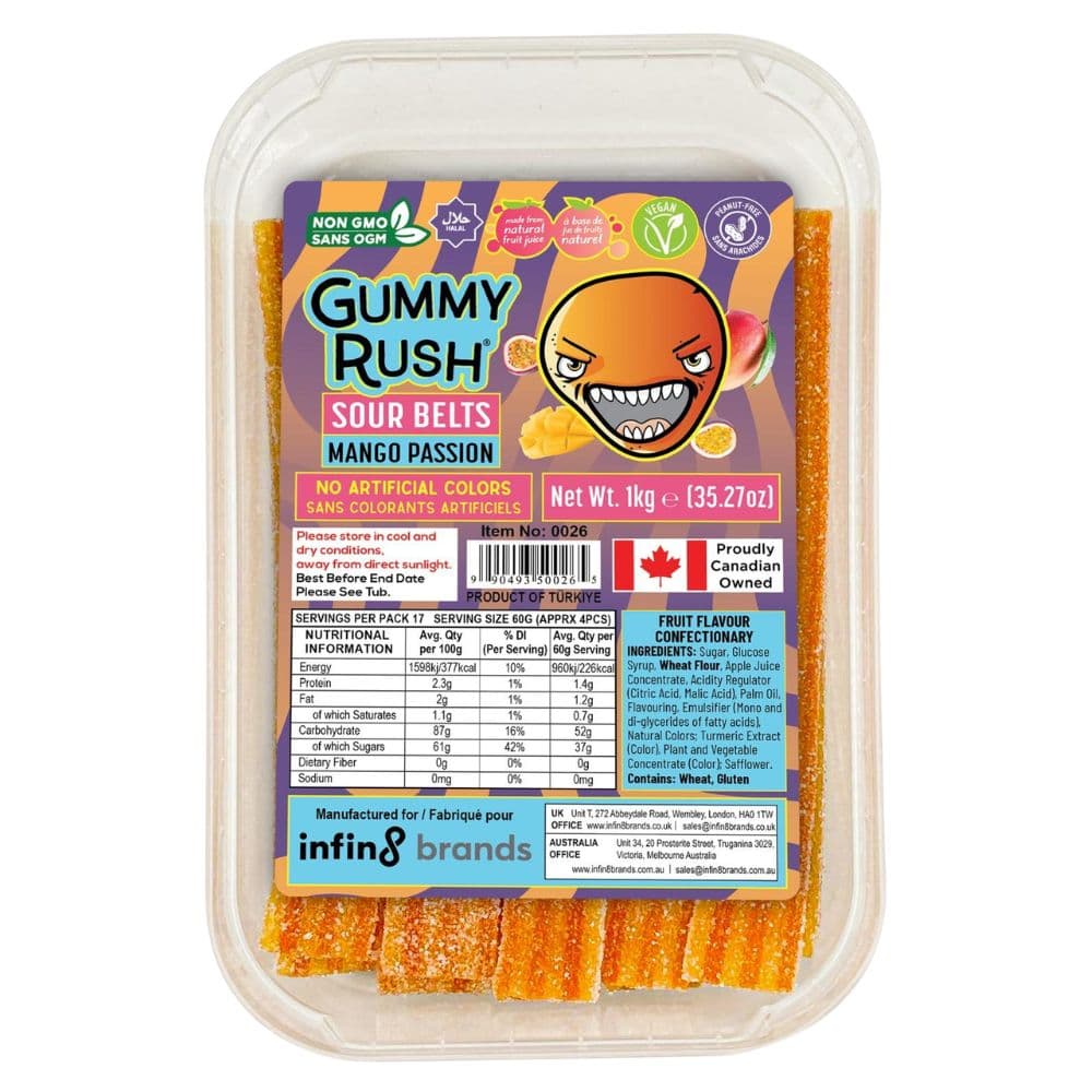 Gummy Rush Mango Passion Sour Belts Tub 1kg