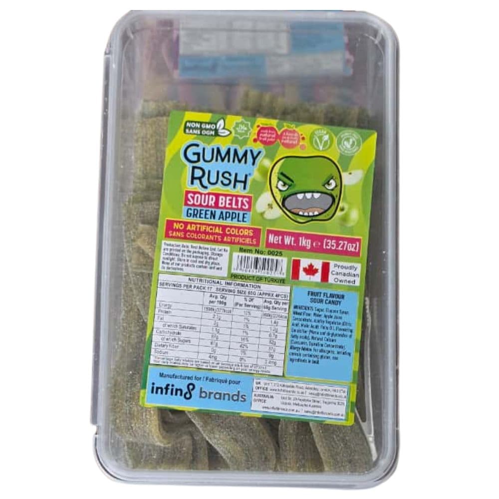 Gummy Rush Green Apple Sour Belts Tub 1kg