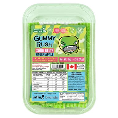 Gummy Rush Green Apple Sour Belts - 1 x 1kg Tub
