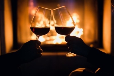 Two glasses of wine held in front of a fire