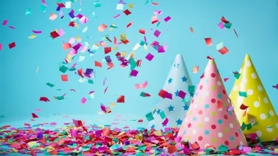 Party hats and falling confetti