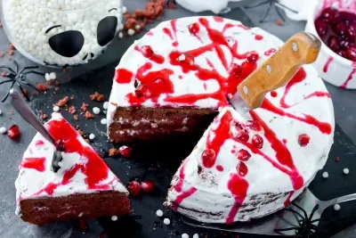 A Halloween cake, with fruity slashes on a white icing, this is as gory as it is gorgeous!