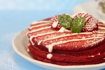 Red Velvet Pancakes with Cream Cheese Sauce