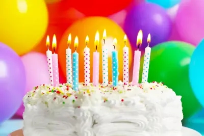 A birthday cake with candles lit